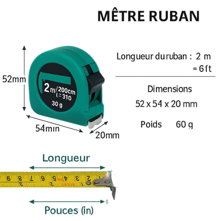 Mètre ruban 2 m double échelle cm/pouces