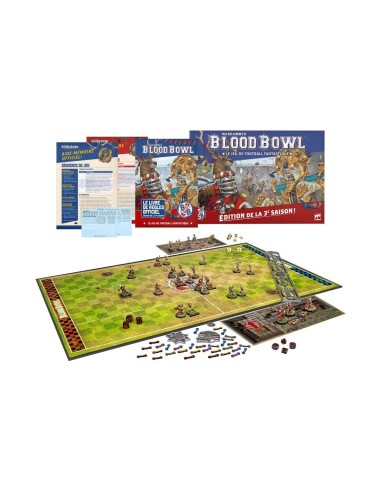 Contenu boîte Blood Bowl : figurines Orques Noirs, Noblesse Impériale et terrain de jeu