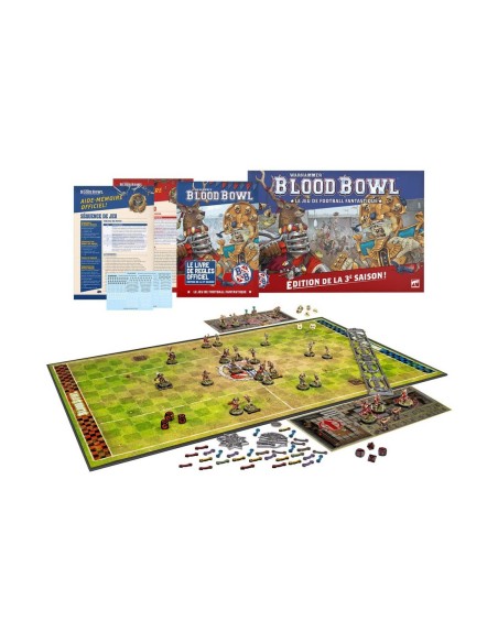 Contenu boîte Blood Bowl : figurines Orques Noirs, Noblesse Impériale et terrain de jeu