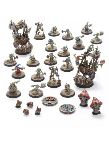 Contenu équipe Snotling Blood Bowl : figurines Snotlings, Chariots à Pompe, Fungus Flingas et pions champignons