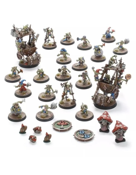 Contenu équipe Snotling Blood Bowl : figurines Snotlings, Chariots à Pompe, Fungus Flingas et pions champignons